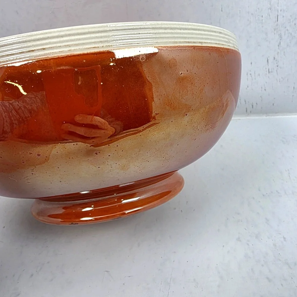Antique 1915 Moorcroft Orange Luster Glaze Ribbed Pottery Bowl England 8 inch‎